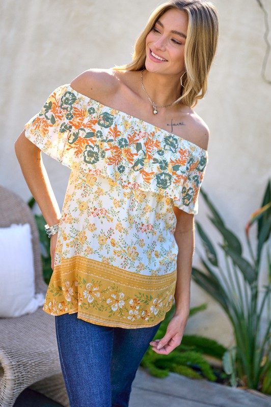 Printed Off Shoulder Smocked Top  (Online Only/Ships from USA)