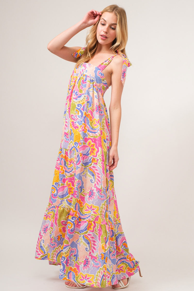 Printed Tie Shoulder Tiered Maxi Dress (Online Only/Ships from USA)