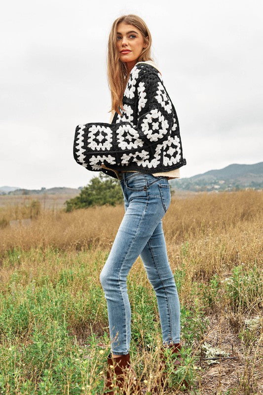 Two-Tone Floral Square Crochet Open Knit Cardigan (Online Only/Ships from USA)