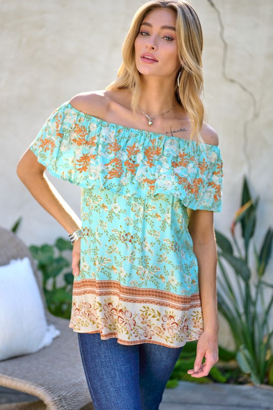 Printed Off Shoulder Smocked Top  (Online Only/Ships from USA)