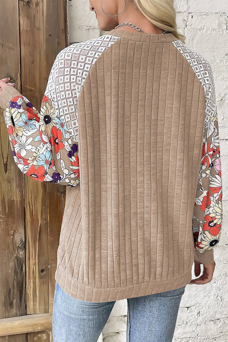 Floral Patchwork Raglan Sleeve Ribbed Blouse