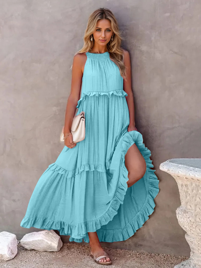 Ruffled Sleeveless Tiered Maxi Dress with Pockets (Online Only)