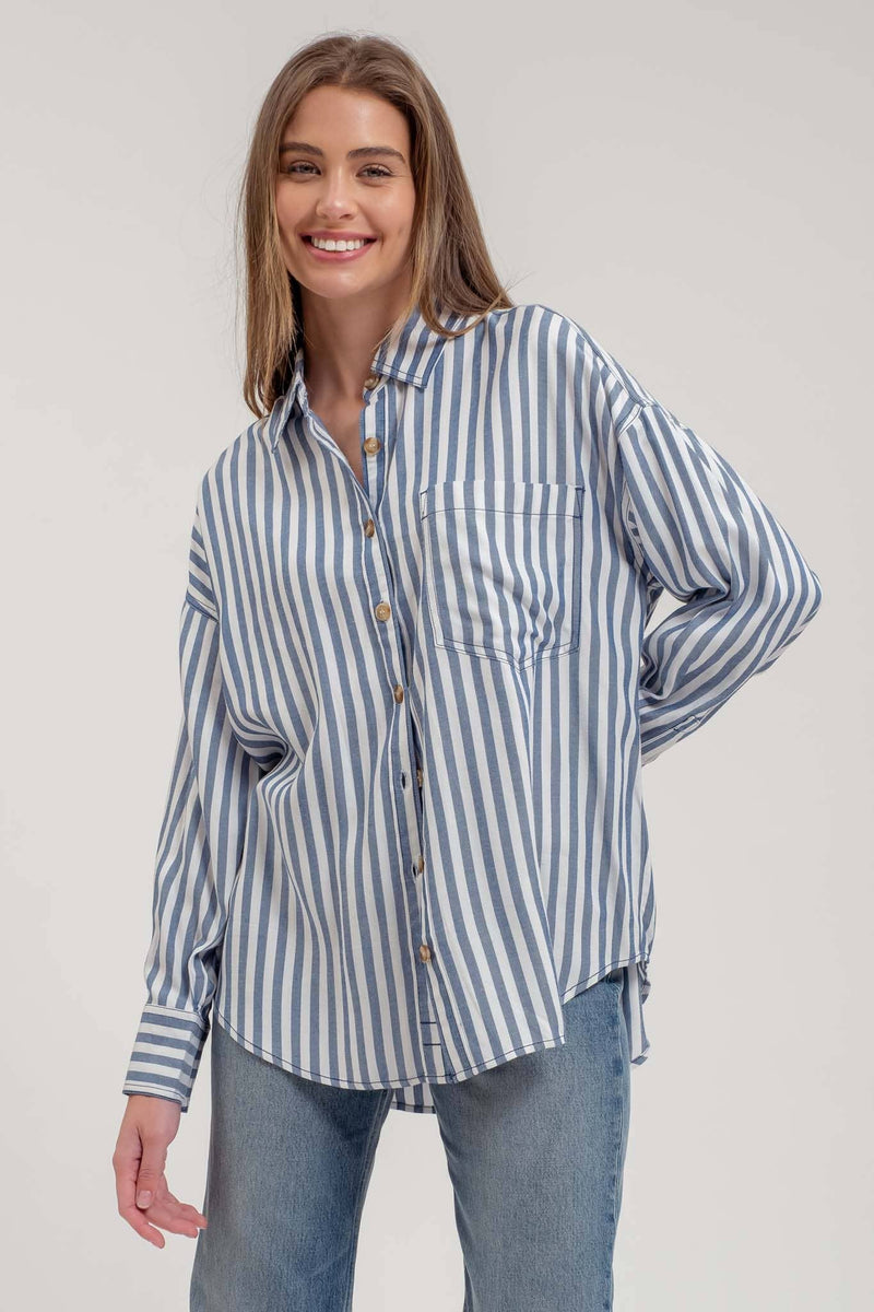 STRIPE COLLARED BUTTON DOWN LONG SLEEVE SHIRT