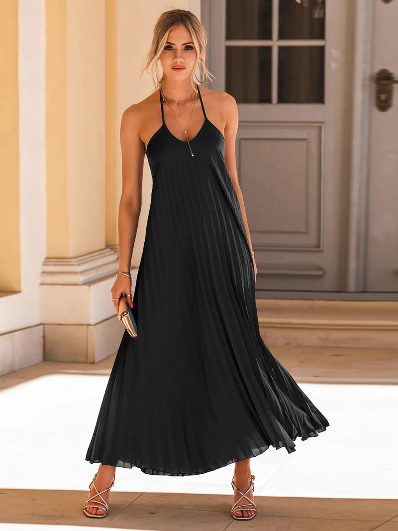 Pleated Halter Neck Sleeveless Dress (Online Only)