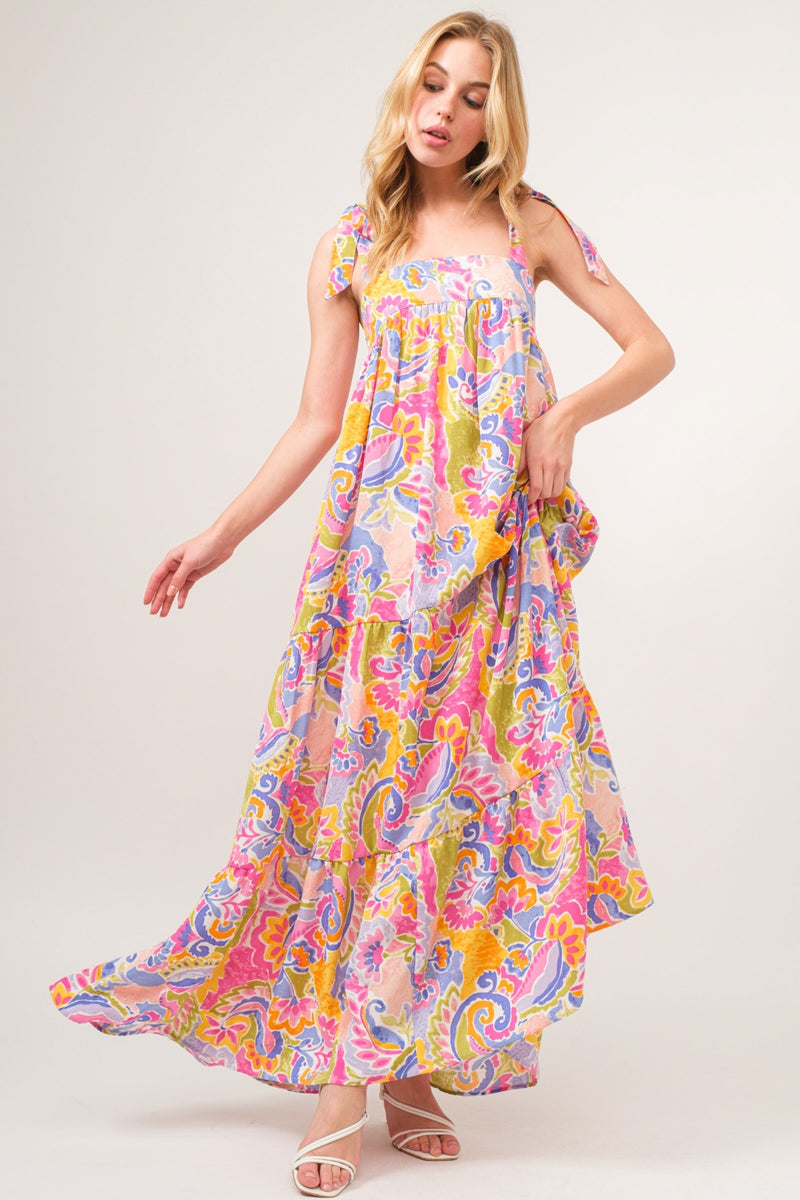 Printed Tie Shoulder Tiered Maxi Dress (Online Only/Ships from USA)