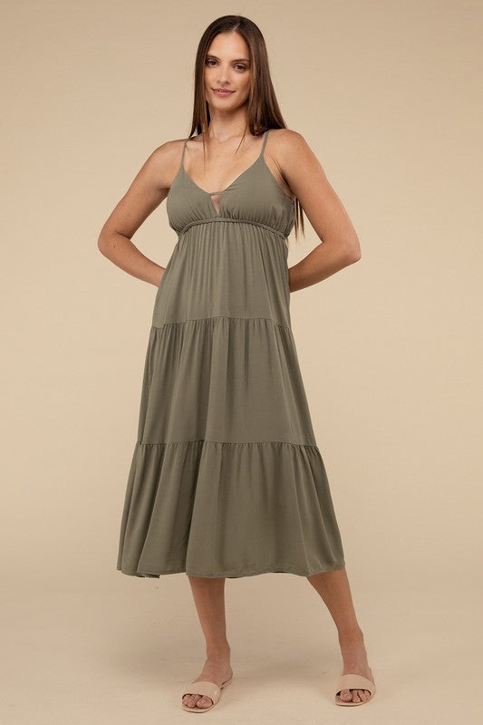 Woven Sweetheart Neckline Tiered Cami Midi Dress