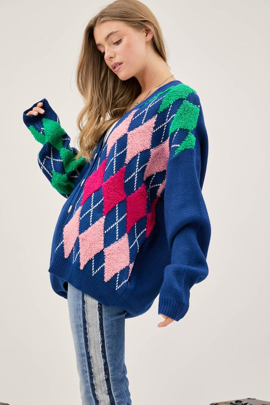 Plush Argyle Button Front Loose Fit Knit Cardigan  (Online Only/Ships from USA)