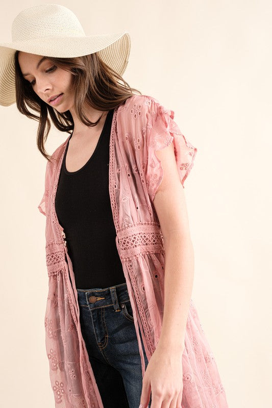 CHIFFON EMBROIDERY LACE KIMONO DUSTER CARDIGAN (Online Only/Ships from USA)