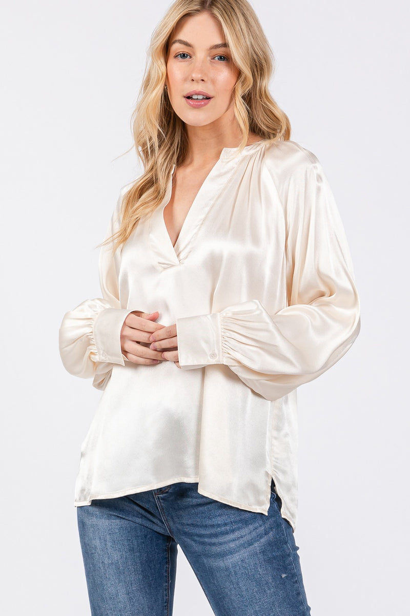 Notched Long Sleeve Blouse (Online Only/Ships from USA)