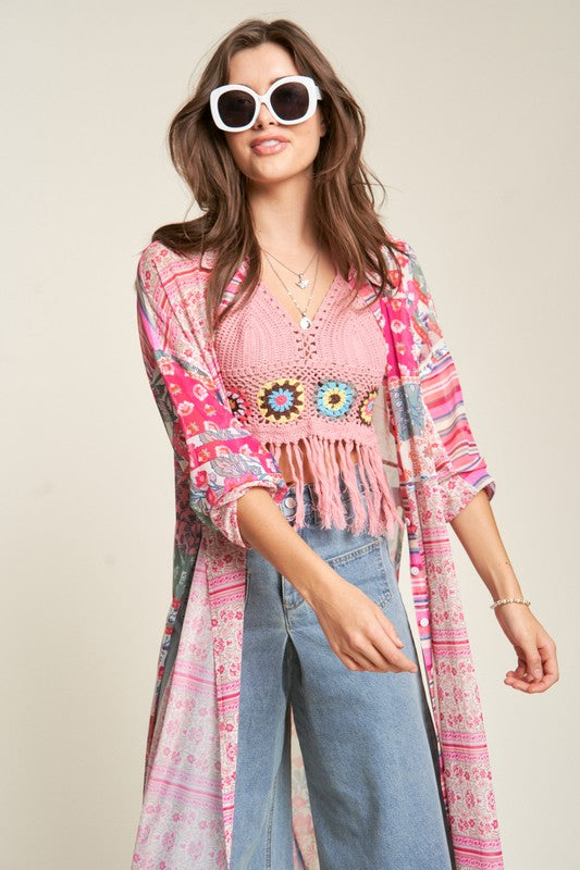 Mesh Print Mix Matched Button Front Cover Up  (Online Only/Ships from USA)