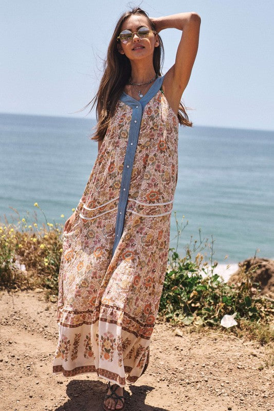 Floral Border Printed V-Neck Sleeveless Maxi Dress (Online Only/Ships from USA)