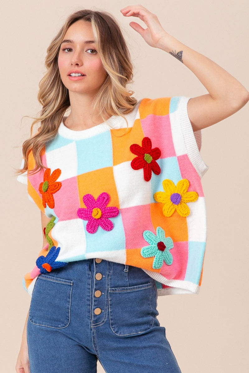 Flower Patch Checkered Sweater Vest (Online Only/Ships from USA)