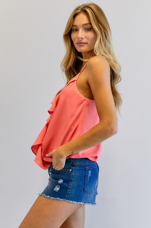 Solid V-Neck Sleeveless Ruffle Top  (Online Only/Ships from USA)