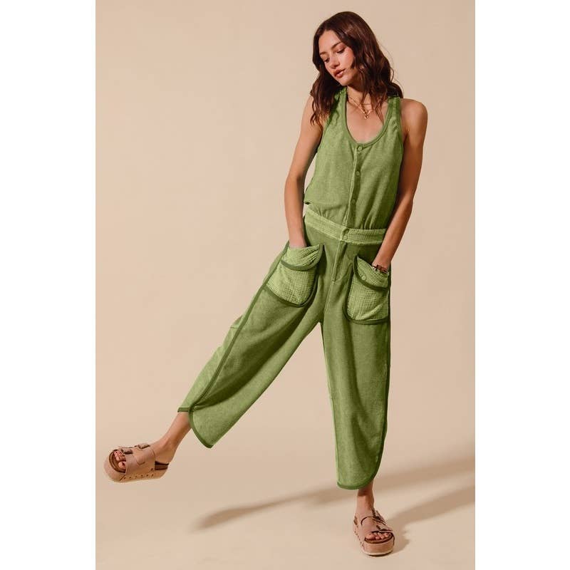 MINERAL WASHED BUTTON UP SCOOP NECK TERRY JUMPSUIT