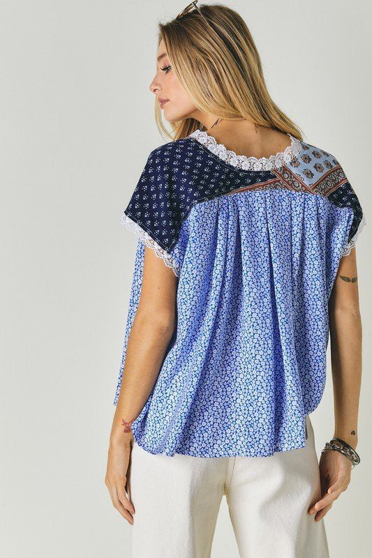 Printed Lace V-Neck Short Sleeve Loose Top  (Online Only/Ships from USA)