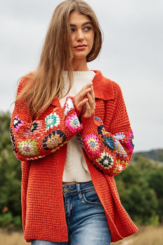 Crochet Floral Printed Long Sleeve Knit Cardigan  (Online Only/Ships from USA)