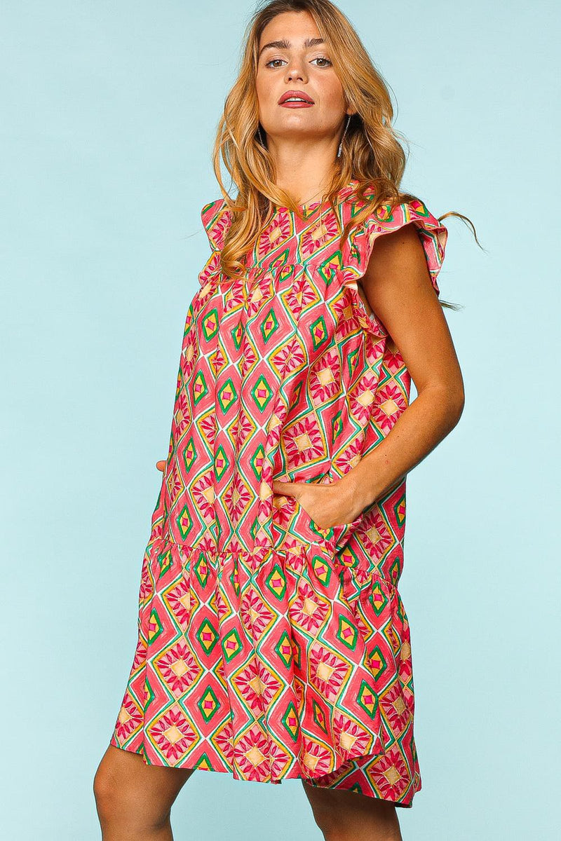 Ruffled Printed Dress with Side Pockets (Online Only/ Ships from USA)