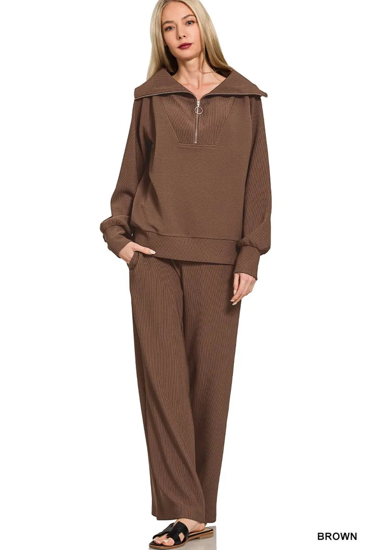 Ribbed High Neck Half Zip Pullover & Pants Set – Twisted Oak
