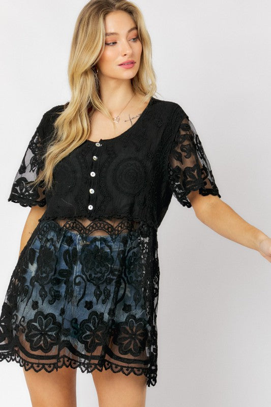 Crochet Round Neck Button Down Top  (Online Only/Ships from USA)