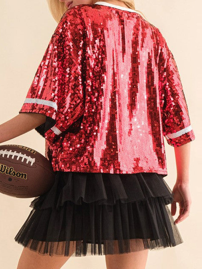 Sequin Football Round Neck Half Sleeve Top (Online Only)