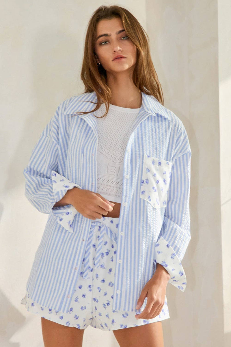 Floral Contrast Detail Button-Down Shirts