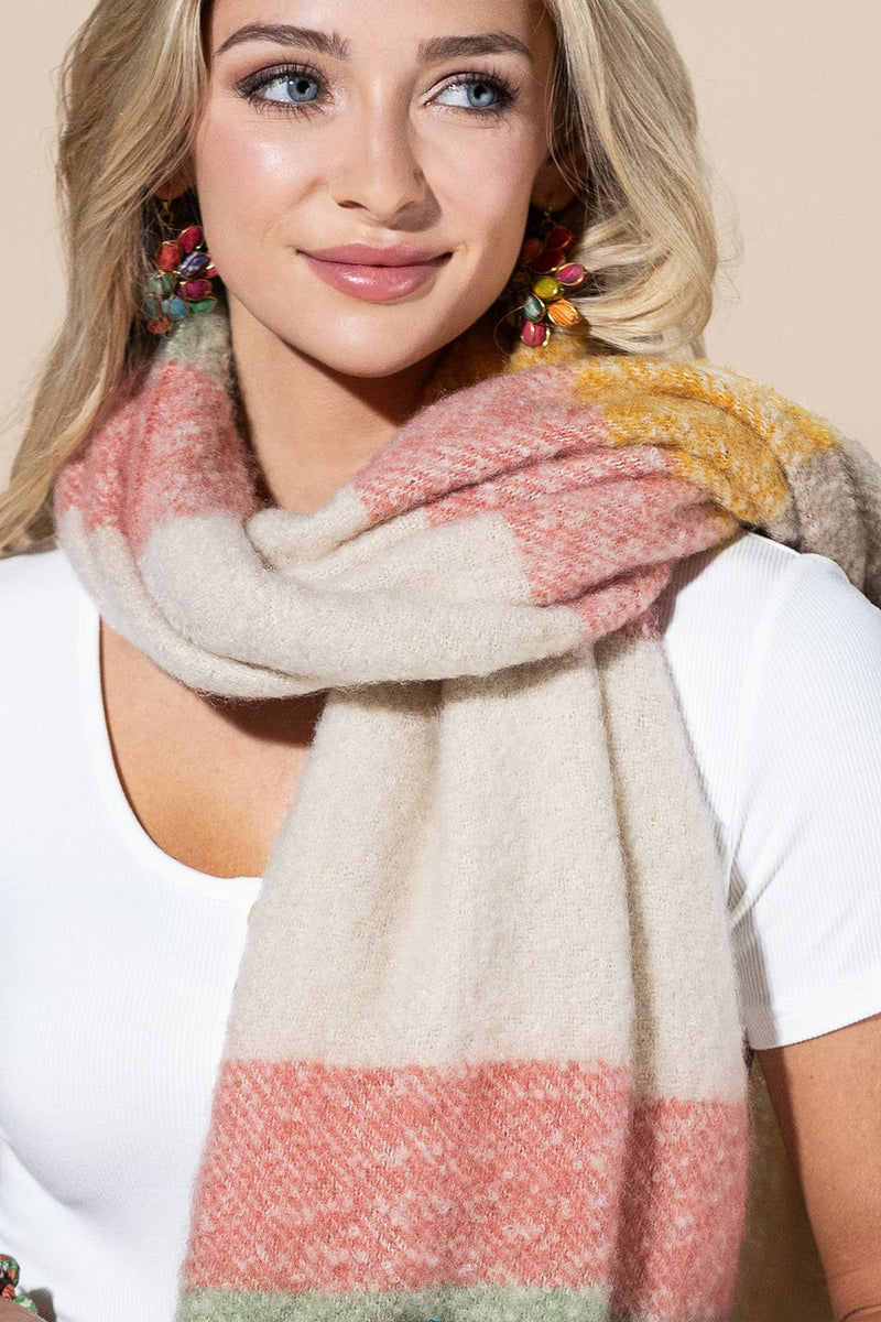 Multi Color Stripped Brushed Fringe Scarf