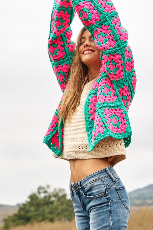 Two-Tone Floral Square Crochet Open Knit Cardigan (Online Only/Ships from USA)