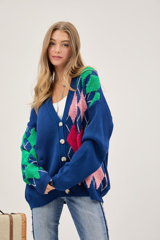 Plush Argyle Button Front Loose Fit Knit Cardigan  (Online Only/Ships from USA)