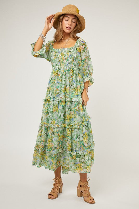 Floral Chiffon Midi Dress  (Online Only/Ships from USA)