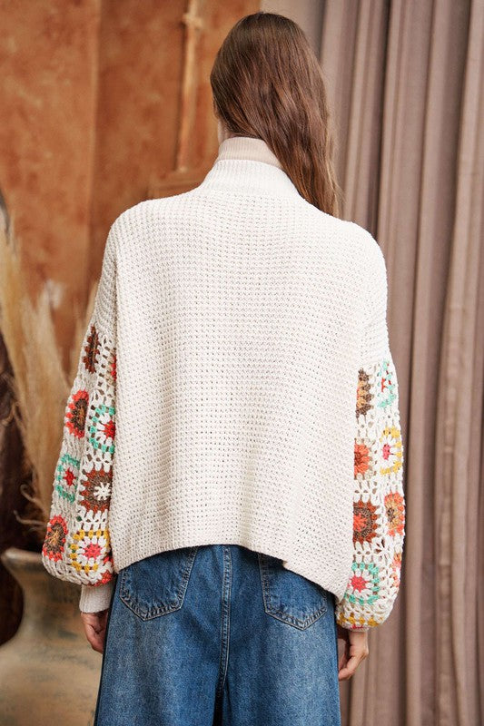 Crochet Floral Printed Long Sleeve Knit Cardigan  (Online Only/Ships from USA)