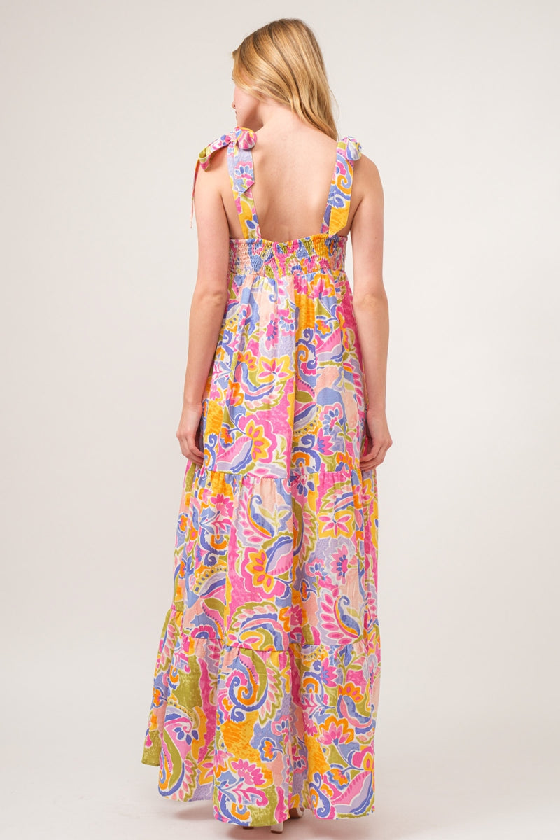 Printed Tie Shoulder Tiered Maxi Dress (Online Only/Ships from USA)