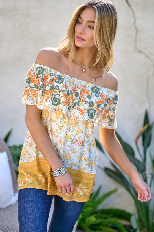 Printed Off Shoulder Smocked Top  (Online Only/Ships from USA)