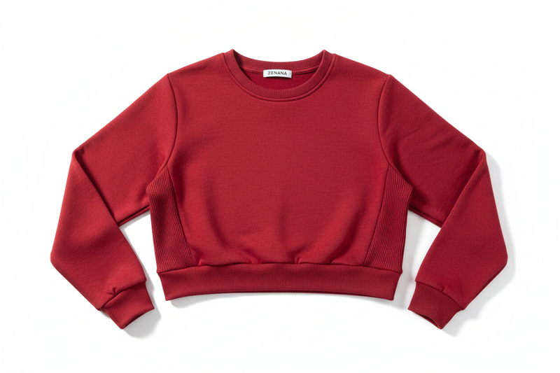zenana cropped red sweatshirt with ribs on the cuffs of the sleeves and on the sides
