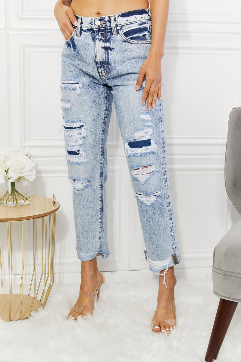 Kendra High Rise Distressed Straight Jeans, by Kancan (Online Only)