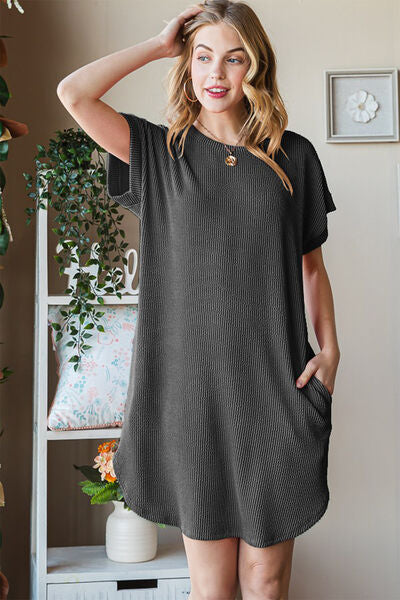 Charcoal Gray  Ribbed Round Neck Short Sleeve Tee Dress (Online Only)