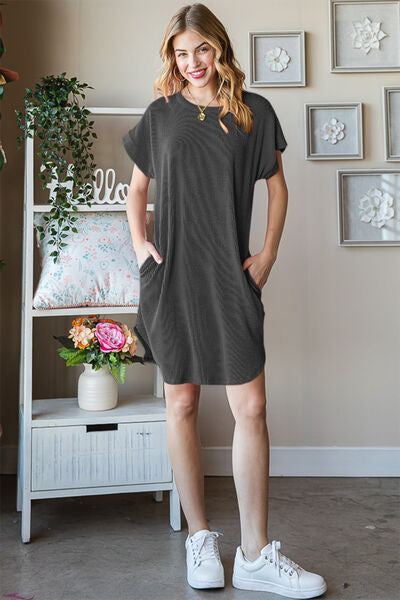 Charcoal Gray  Ribbed Round Neck Short Sleeve Tee Dress (Online Only)