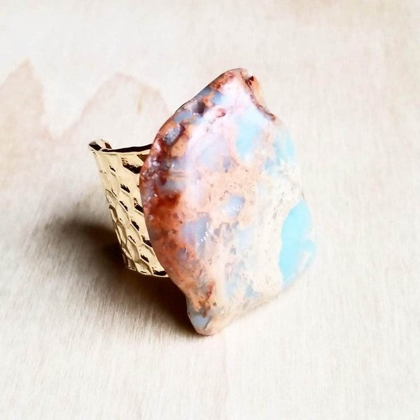 Chunky Aqua Terra Slab on Hammered Cuff Ring Base  (Online Only)