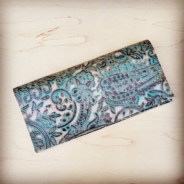 Embossed Leather Wallet-Turquoise Brown Paisley  (Online Only)