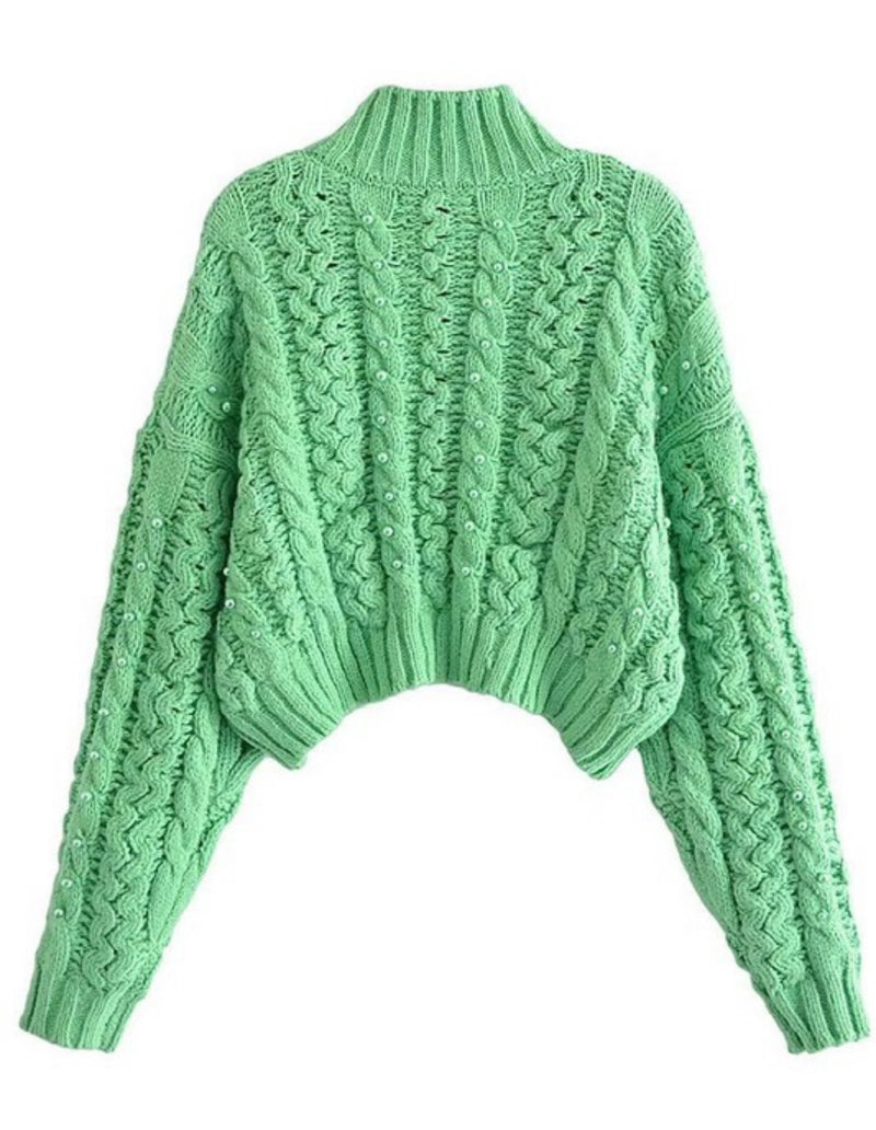 High Collar Crop Pearl Sweater