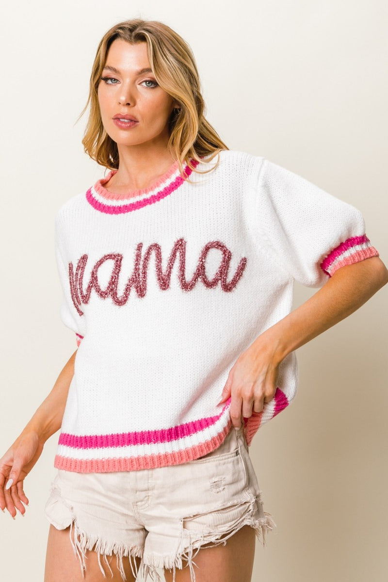 MAMA Contrast Trim Short Sleeve Sweater (Online Only, Ships from USA)