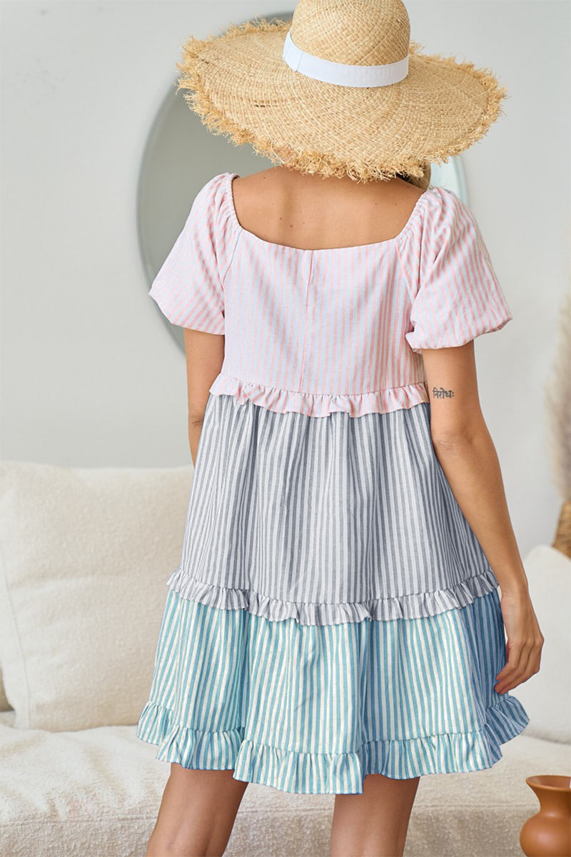 Square Neck Puff Sleeve Ruffled Hem Tiered Dress (Online Only, Ships from USA)