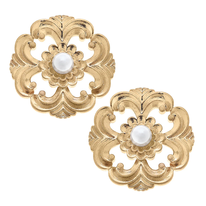 Marquette Acanthus & Pearl Stud Earrings in Worn Gold