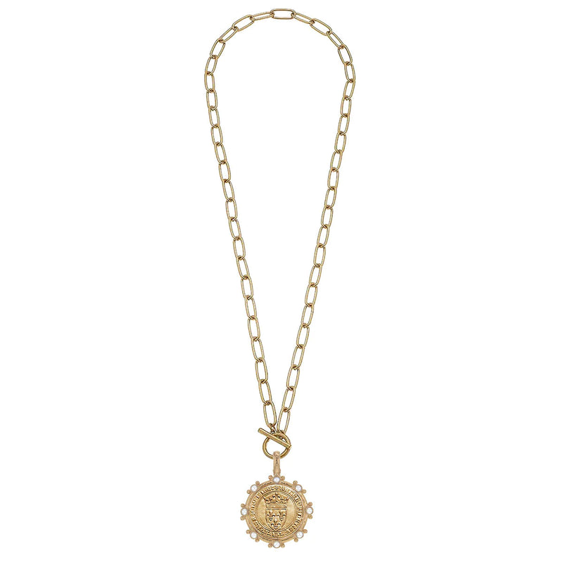 CANVAS Style x MaryCatherineStudio French Coin Pearl Studded Pendant Necklace in Worn Gold
