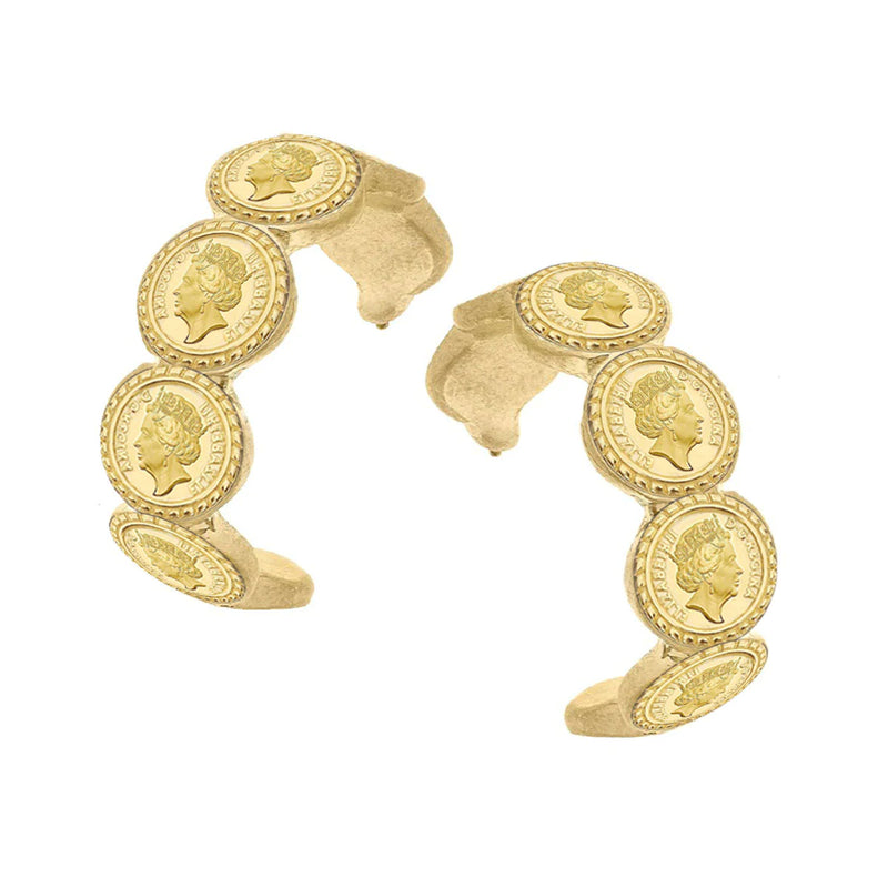 Queen Elizabeth Coin Hoop Earrings in Worn Gold