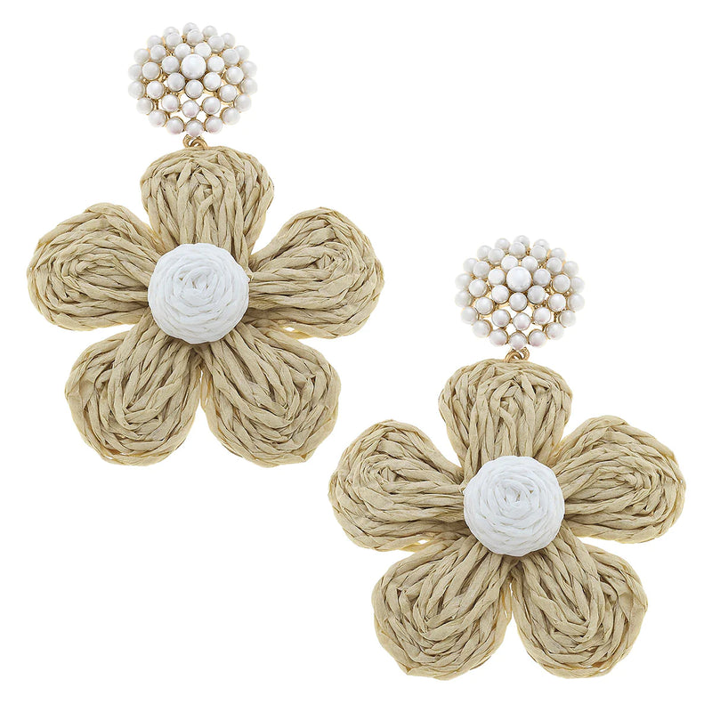 Claire Raffia Flower Pearl Drop Earrings in Natural