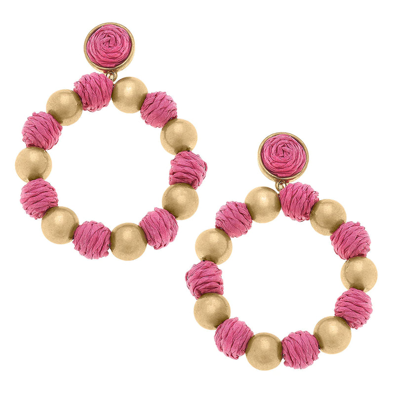 Demi Raffia and Ball Bead Drop Hoop Earrings in Pink