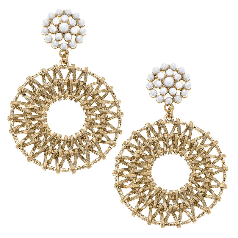Alexandra Woven Metal Pearl Cluster Drop Earrings in Worn Gold