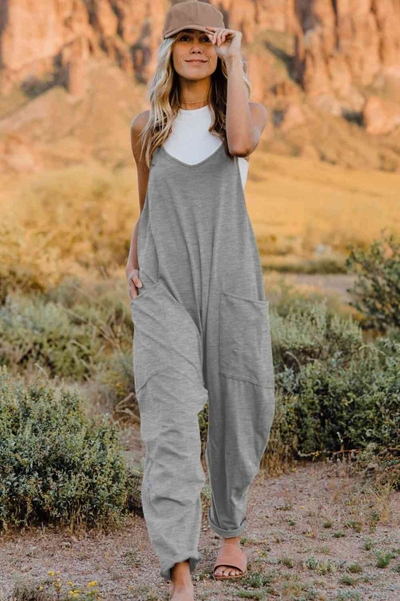 V-Neck Sleeveless Jumpsuit with Pockets (Online Only)