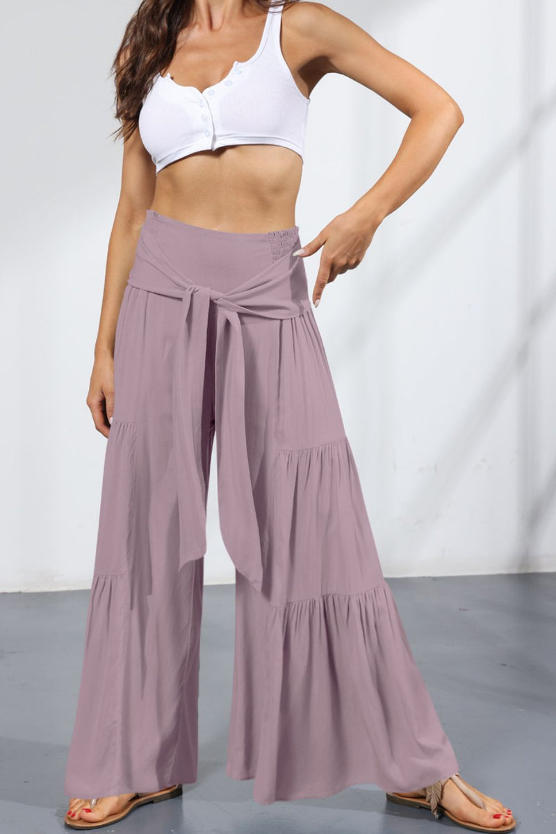 Tie Front Smocked Tiered Wide Legged Pants  (Online Only)