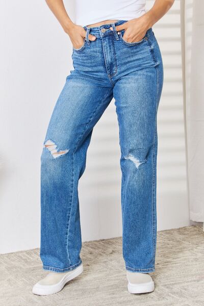 High Waist Distressed Straight-Leg Jeans by Judy Blue (Online Only)